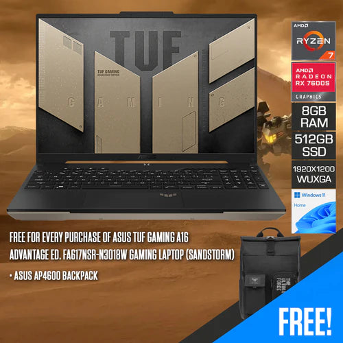 ASUS TUF GAMING A16 ADVANTAGE EDITION FA617NSR-N3018W GAMING LAPTOP (SANDSTORM) | 16" WUXGA (1920X1200) 165HZ | R7-7435HS | 8GB RAM | 512GB SSD | AMD RX 7600S | WINDOWS 11 HOME LAPTOP