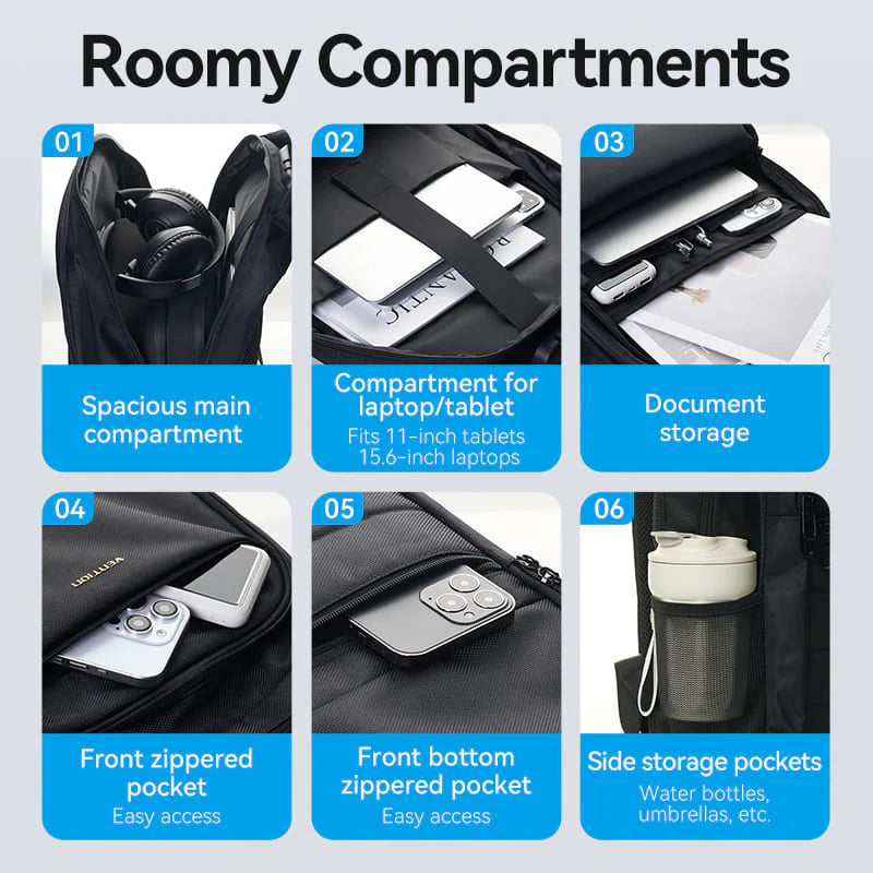 VENTION KRKB0 WATER-REPELLENT ANTI-THEFT BAG (45CM X 30CM X 15CM) WITH USB CHARGING PORT AND LOCK BLACK LAPTOP BACKPACK