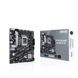 ASUS PRIME B760M-K | INTEL® B760 LGA 1700 | PCIE 4.0 | TWO PCIE 4.0 M.2 SLOTS | DDR5 | REALTEK 2.5GB ETHERNET | VGA | HDMI™ | SATA 6 GBPS | FRONT USB 3.2 GEN 1 | AURA SYNC | MATX MOTHERBOARD