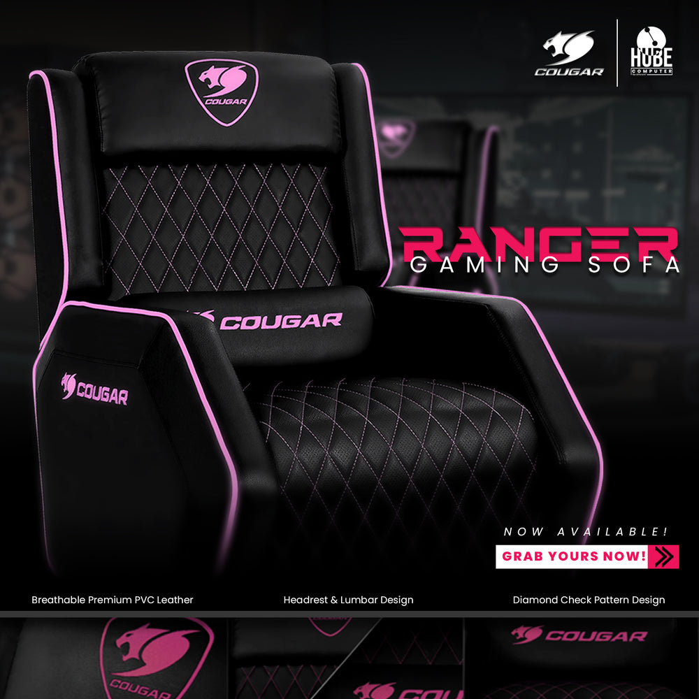 COUGAR RANGER EVA – BLACK/PINK | RECLINER SYSTEM 95°~160° | HEADREST + LUMBAR | BREATHABLE PREMIUM PVC LEATHER GAMING SOFA