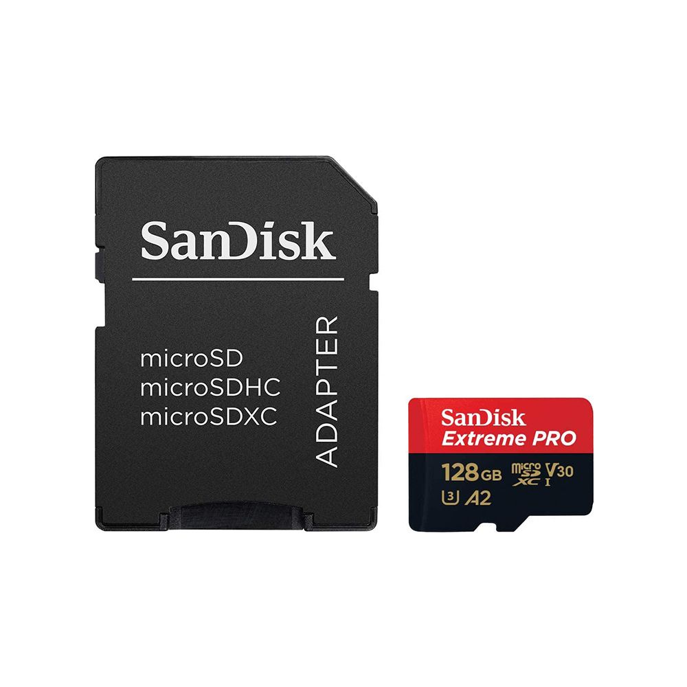 SANDISK EXTREME PRO MICROSDXC, SQXCD 128GB, V30, U3, C10, A2, UHS-I, 200MB/s R, 90MB/s W, 4x6, SD ADAPTOR MICRO SD