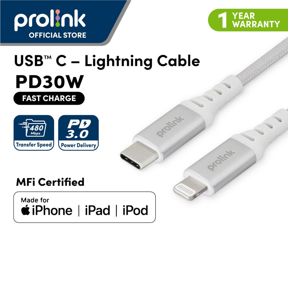 PROLINK 1M 30W WHITE USB-C TO LIGHTNING 480MBPS