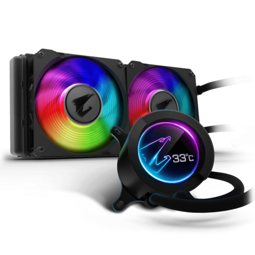 AORUS RGB LIQUID COOLER 240, CUSTOMIZABLE FULL COLOR LCD DISPLAY, ADVANCED RGB LIGHTING AND CONTROL