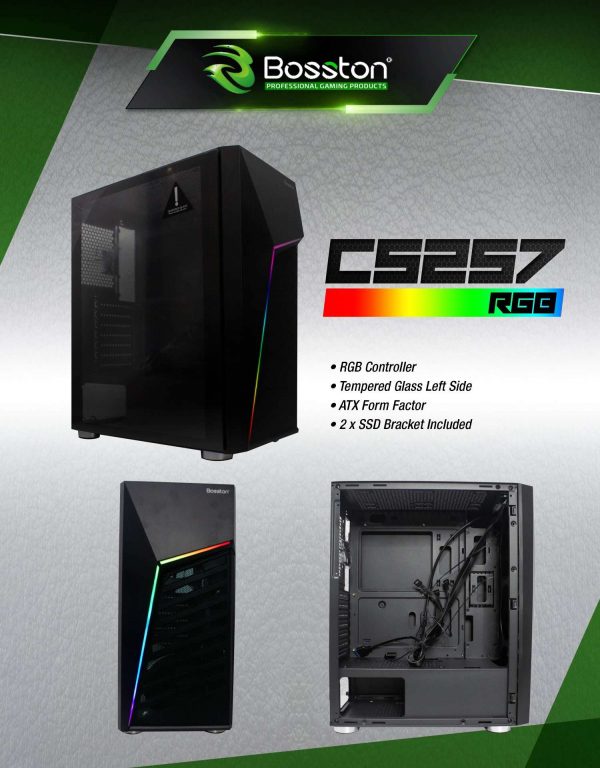 BOSSTON CS-257 ATX | FRONT PANEL RGB LED DESIGN | TEMPERED GLASS SIDE PANEL GAMING CASE