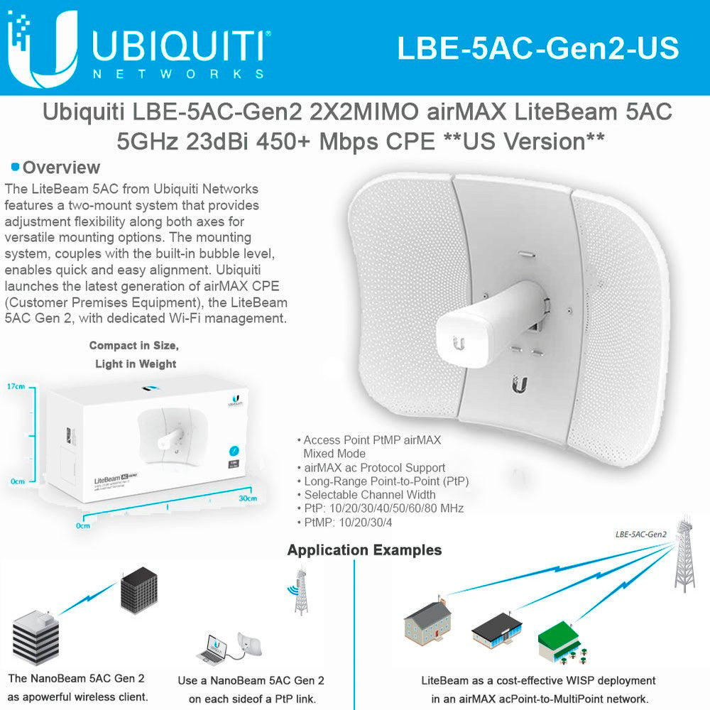 UBIQUITI LBE-5AC-GEN2-US LITEBEAM WIRELESS BRIDGE 100MB LAN,GIGE, AIRMAX AC