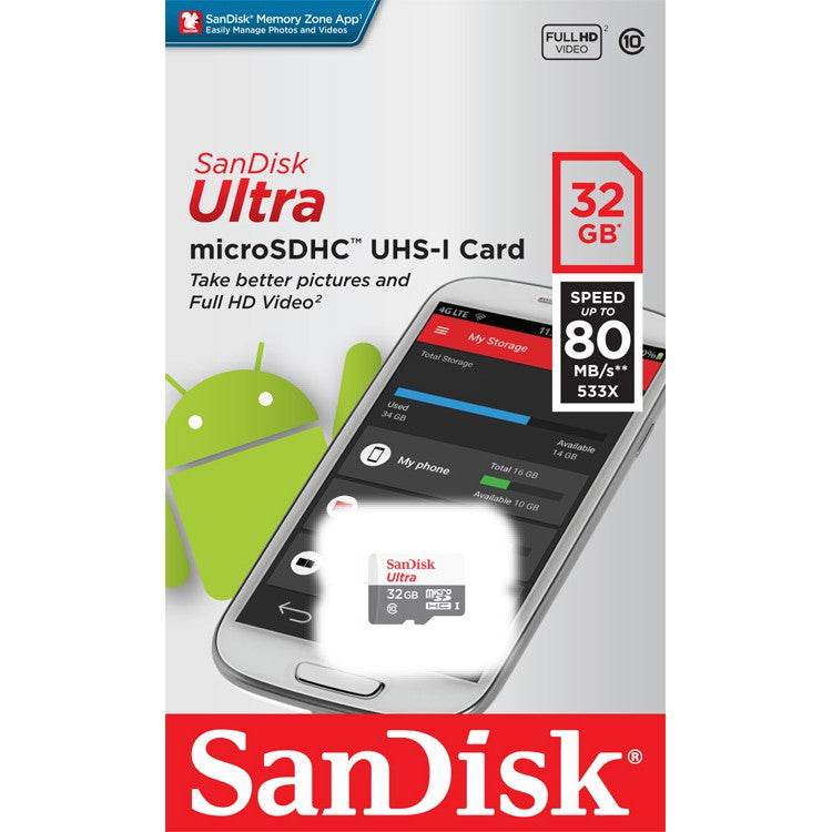 SANDISK ULTRA MICRO SDHC 32GB CLASS 10 UHS-I MEMORY CARD